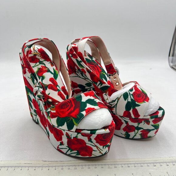 FSJ Red Rose Floral Heels Ankle Strap Platform Wedge Sandals - Picture 4 of 8